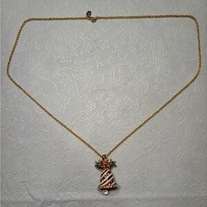 Christopher Radko Gold Necklace with Red and Green Christmas Bell Pendant